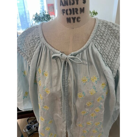INNIKA CHOO  Embroidered Linen Smock Blouse  in Sea Mist One Size - Picture 3 of 16